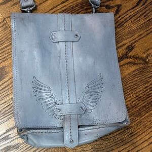 Fossil Gray Leather Crossbody Art satchel with Wing Design